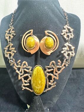 NOS Vtg Bronze & Gold Swirl Glass Cabochon Statement Necklace & Earring Set